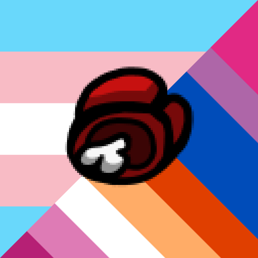 A dead Among Us bean layered on top of transgender, lesbian, and bisexual pride flags.
