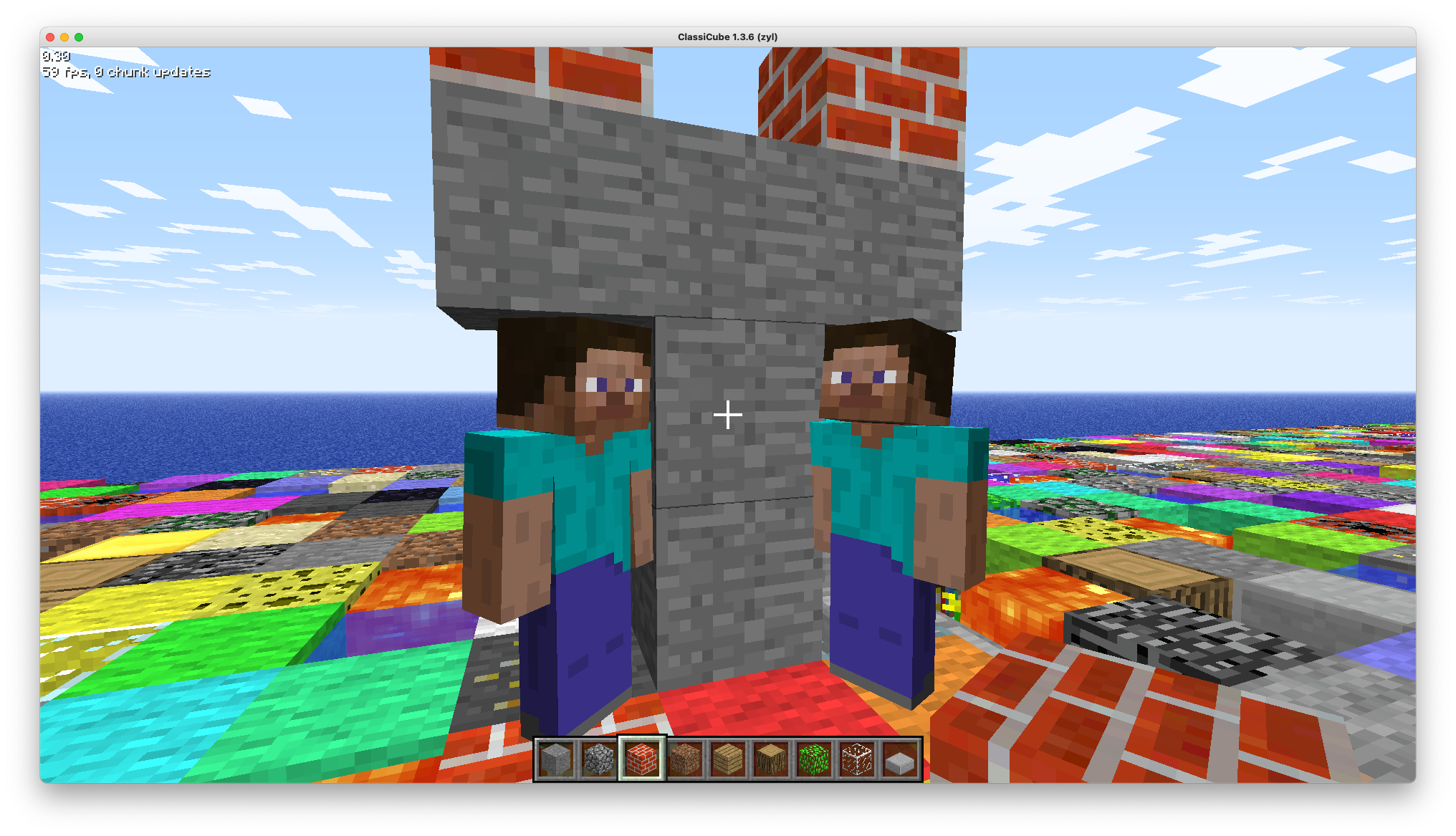 Screenshot of my Minecraft classic server showing two players standing in front of a stack of blocks.