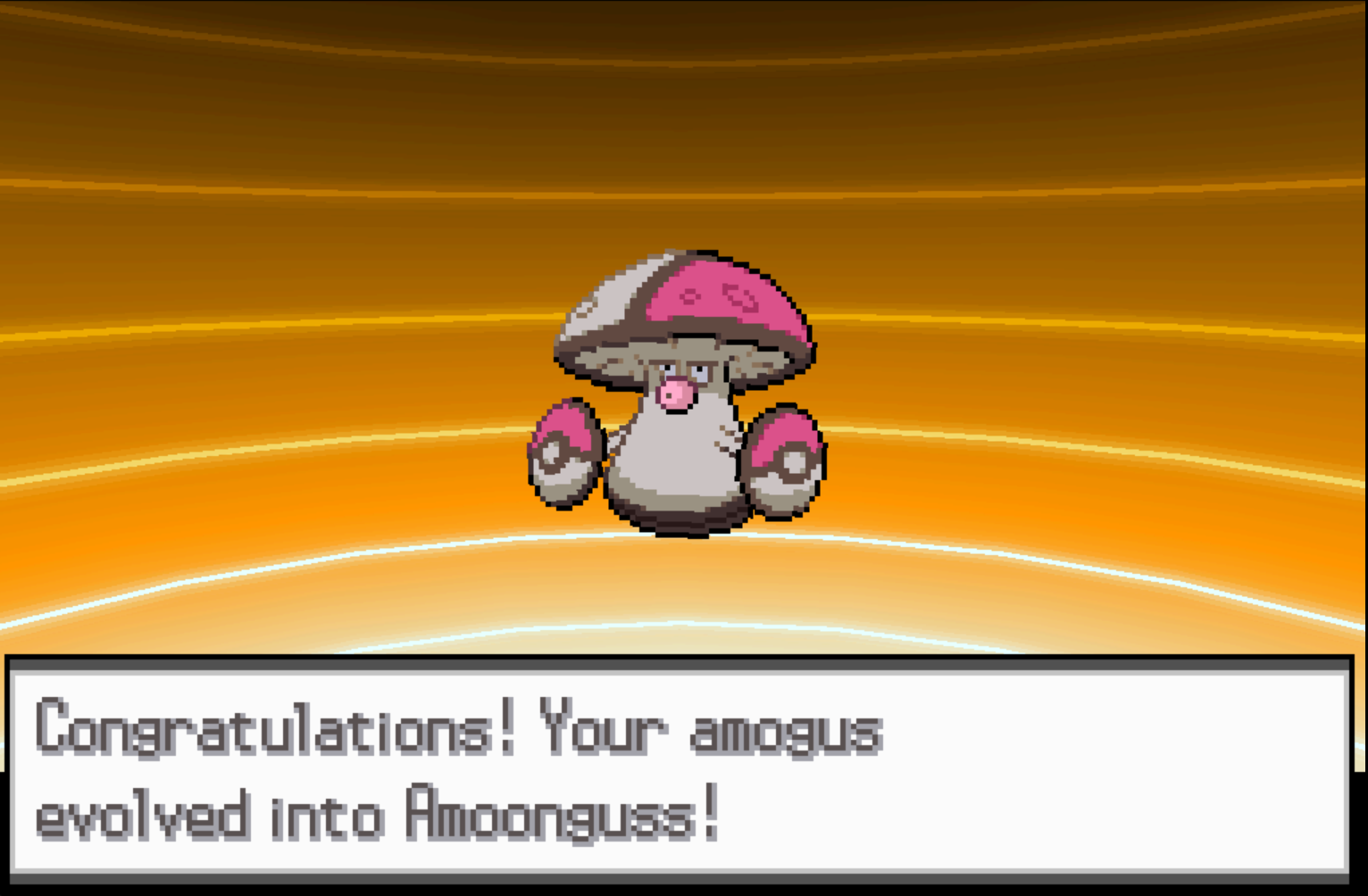Screenshot of Pokémon White on an evolution screen. Text reads "Congratulations! Your amogus evolved into Amoonguss!"