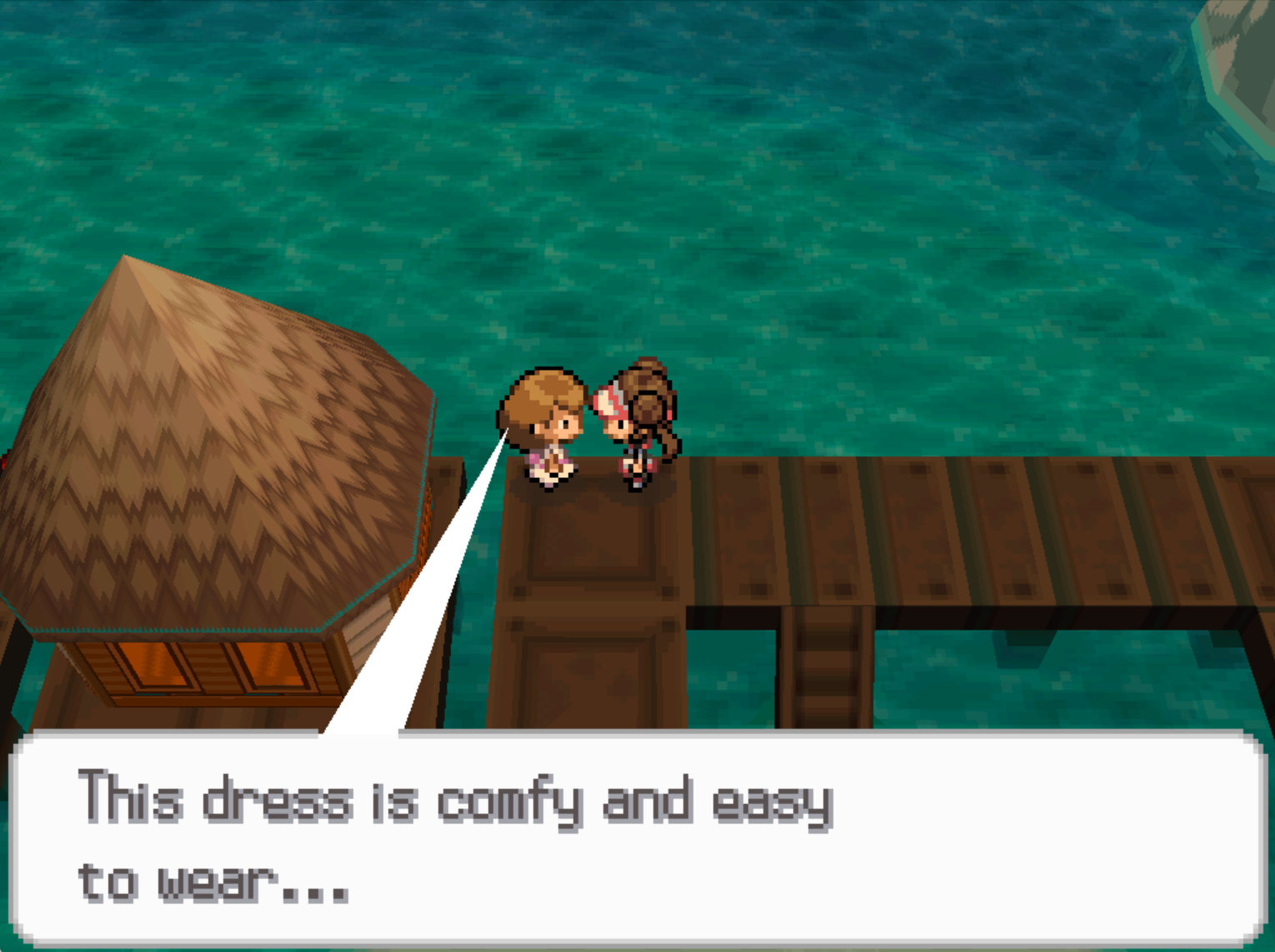 Screenshot from Pokémon Black 2 of an NPC saying "This dress is comfy and easy to wear..."